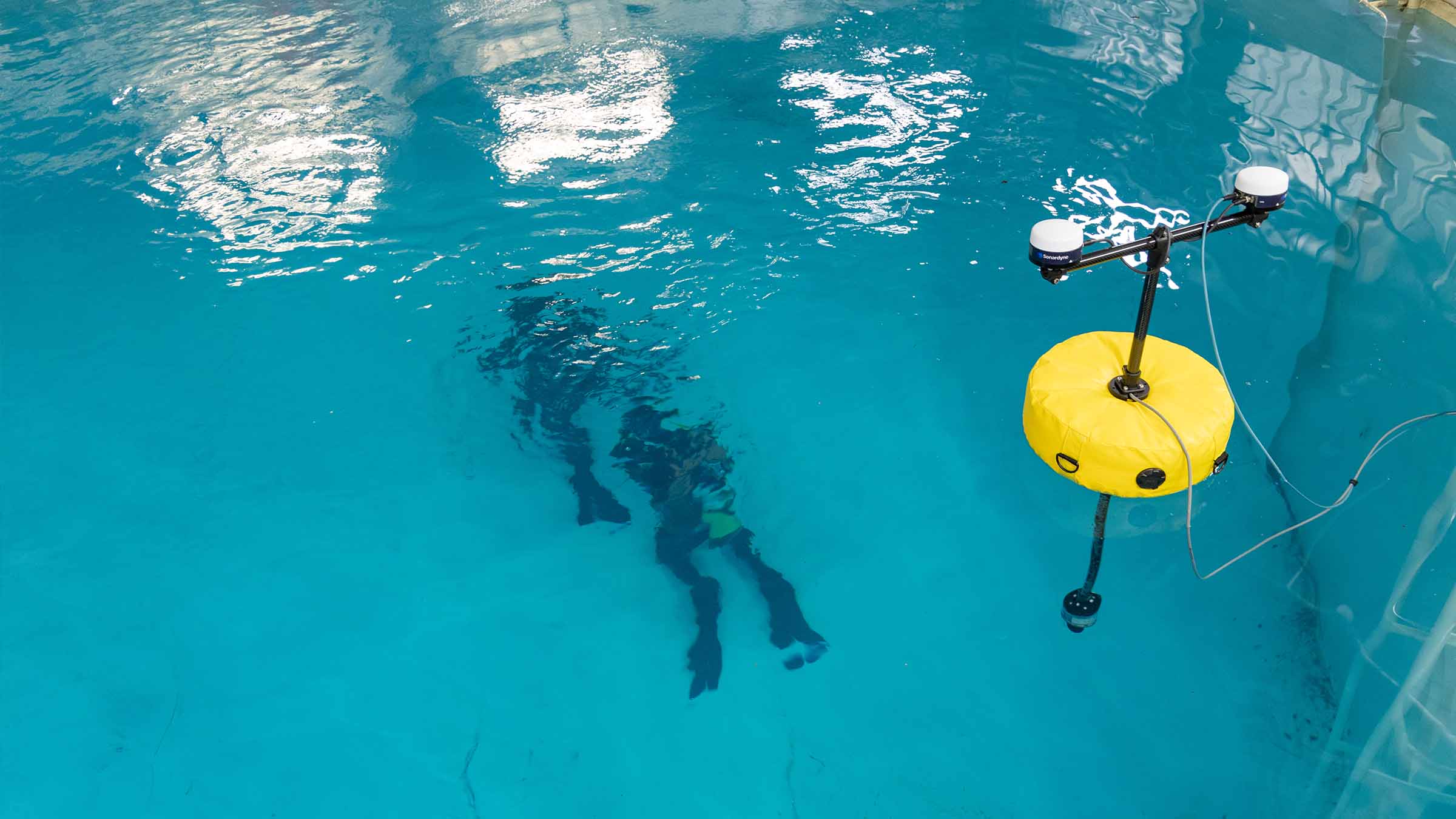 Divers in water with DiveTrack GPS above