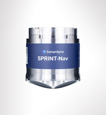 A Sonardyne SPRINT-Nav device, cylindrical with metallic top and bottom, and a blue central band featuring the Sonardyne logo and product name.