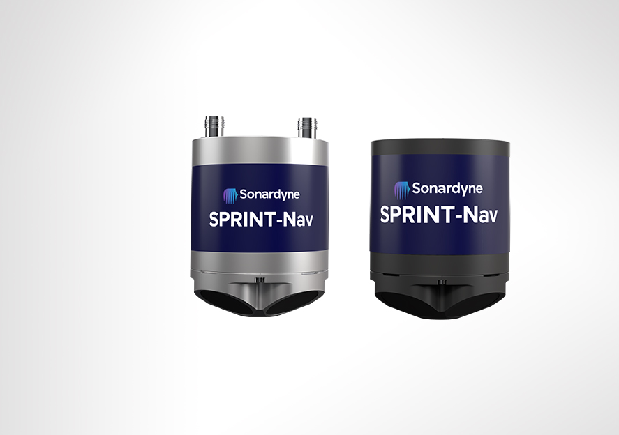 Two cylindrical Sonardyne SPRINT-Nav devices, one silver and blue, the other black and blue, on a light gray background.