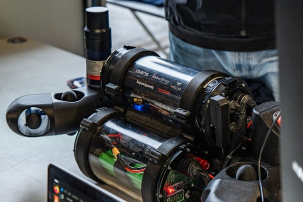 Close up of the mini AUV and its control systems inside.