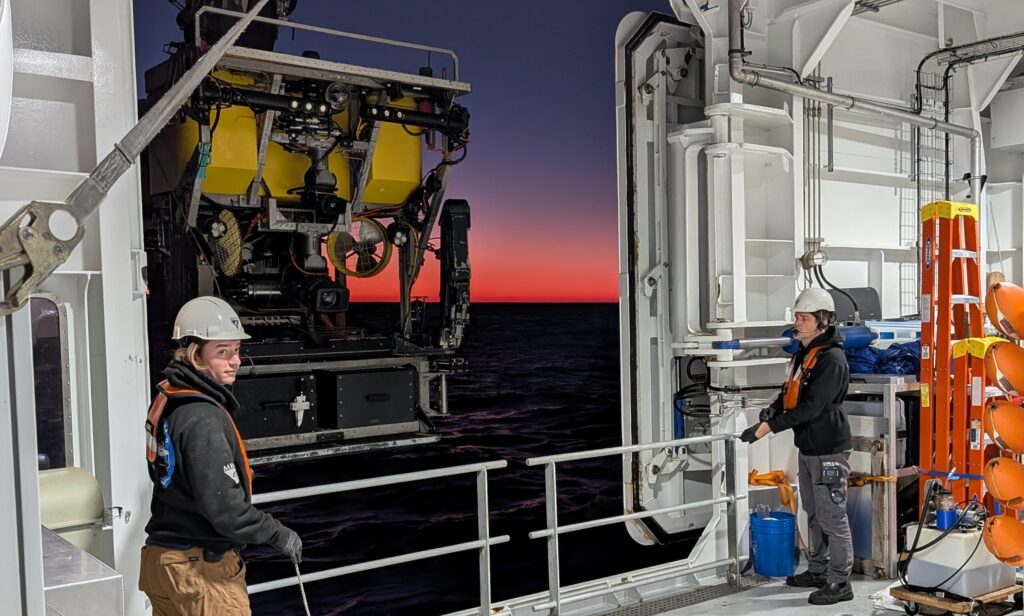 R/V David Packard recovers ROV Doc Ricketts after a deep-sea dive.