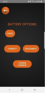 Mobile app screen showing 'BATTERY OPTIONS' with buttons: Check, Connect, Disconnect, and Change Address.