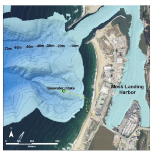 Aerial map of Moss Landing Harbor showing a seawater intake offshore, bathymetric contours, and coastal infrastructure.