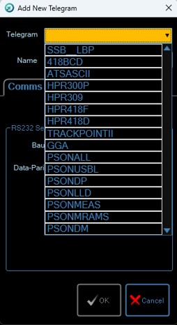 Software dialog box 'Add New Telegram' with a dropdown list of telegram types, 'SSB LBP' is highlighted.