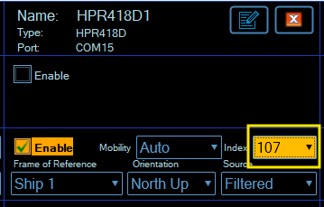 A software configuration screen displaying device details (HPR418D1, COM15) and settings for mobility, index (107), frame of reference (Ship 1), orientation (North Up), and source (Filtered).