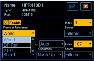 A digital interface showing configuration settings for HPR418D1. Details include 'Name: HPR418D1', 'Type: HPR418D', 'Port: COM15', an 'Enable' checkbox, 'Frame of Reference' dropdown with 'World' selected, and 'Orientation' dropdown with 'North Up' selected.