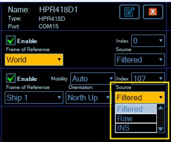 A software interface showing configuration settings for a device named HPR418D1, with a dropdown menu open for data source options: Filtered, Raw, and INS.