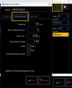 Screenshot of a software window for 'Report Properties' with the 'Advanced' tab selected, displaying various configuration settings.