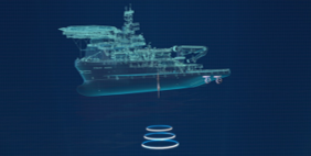 Holographic wireframe ship with glowing sonar rings below it on a dark blue background.