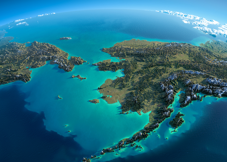 3D relief map of Alaska and surrounding waters, showing green and brown landmasses with white-capped mountains, and blue oceans.