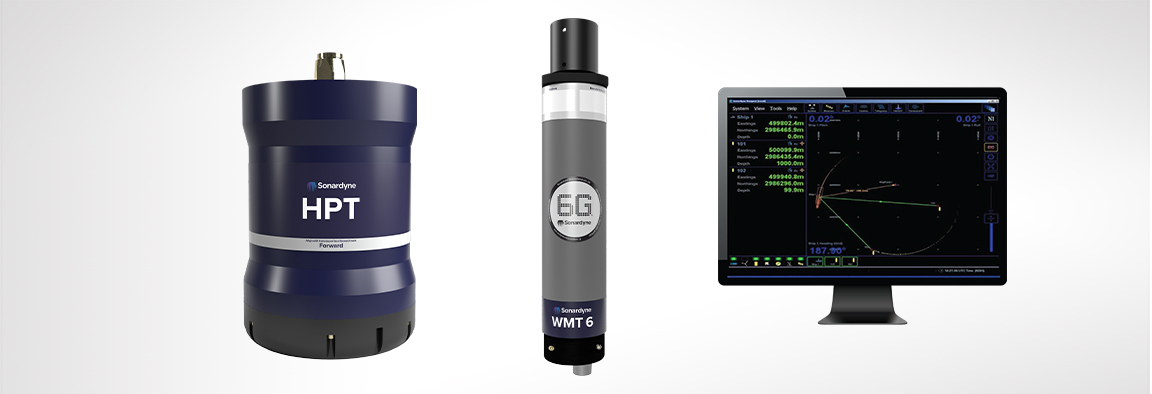 Three marine technology products: a dark blue cylindrical HPT device, a gray cylindrical WMT 6 device, and a computer monitor showing sonar data.