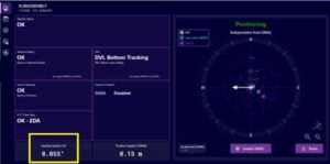 A user interface displaying system status and positioning data, including a radar-style plot, heading quality of 0.055 degrees, and position quality of 0.15 meters.