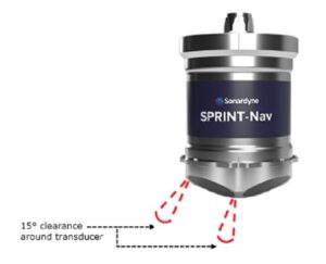 A Sonardyne SPRINT-Nav device, silver and blue, with red dashed lines indicating a 15-degree clearance around its bottom transducers.