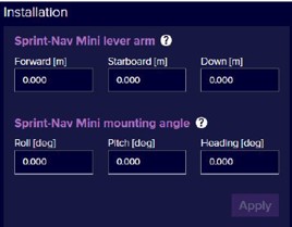 Screenshot of an installation configuration screen for Sprint-Nav Mini, showing input fields for lever arm (Forward, Starboard, Down) and mounting angle (Roll, Pitch, Heading), all set to 0.000, with an 'Apply' button.