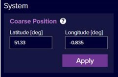Screenshot of a system interface showing 'Coarse Position' settings with latitude '51.33' and longitude '-0.835', and an 'Apply' button.