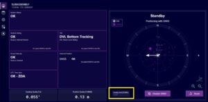 Digital dashboard showing system status, navigation data, heading quality, position quality, and a circular GNSS positioning display with a quality limit of 3.00.