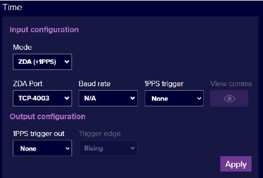 Screenshot of a digital interface for time synchronization settings, displaying input and output configurations for ZDA and 1PPS.