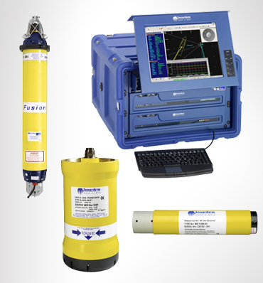 Four pieces of Oceandyme marine survey equipment: a blue ruggedized computer system with a screen and keyboard, a tall yellow 'Fusion' cylinder, a shorter yellow 'Digital Dual Transponder' cylinder, and a long yellow 'Hydrophone Mk II' cylinder.