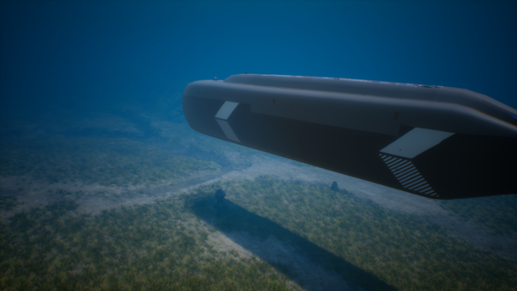 A dark grey submarine-like vessel underwater, casting a shadow over a green, vegetated seabed with sandy patches.