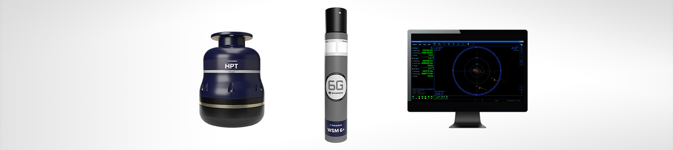 Three items: a dark blue HPT device, a grey WSM 6+ device, and a computer monitor displaying a sonar-like interface with data.
