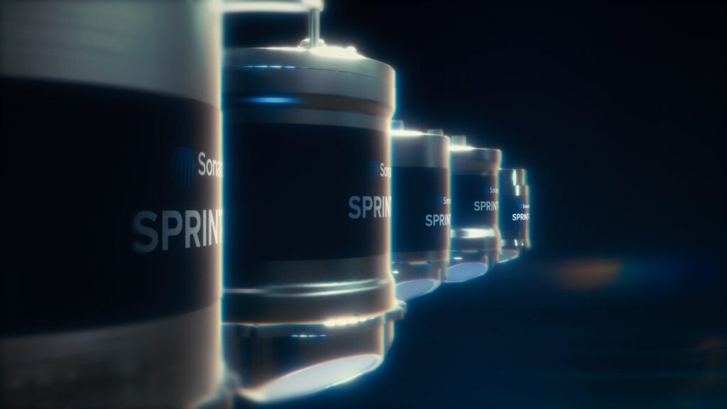 A row of dark cylindrical objects labeled 'Sona SPRINT' with blue glowing accents, receding into a dark, blurred background.