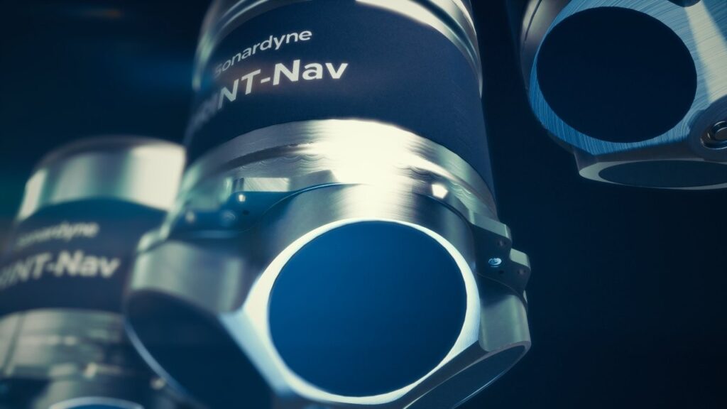 Close-up of three Sonardyne INT-Nav cylindrical devices with metallic and dark blue components, featuring circular sensor openings.