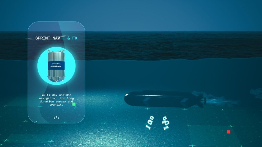 An underwater scene showing an AUV on the seabed with a holographic display panel detailing 'SPRINT-NAV F & FX' and its multi-day unaided navigation capabilities.